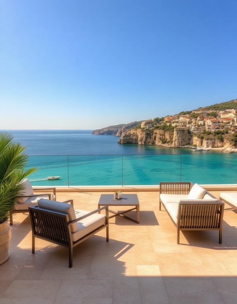 Terrasse d'un attique face à la mer turquoise du golfe de Saint-Tropez